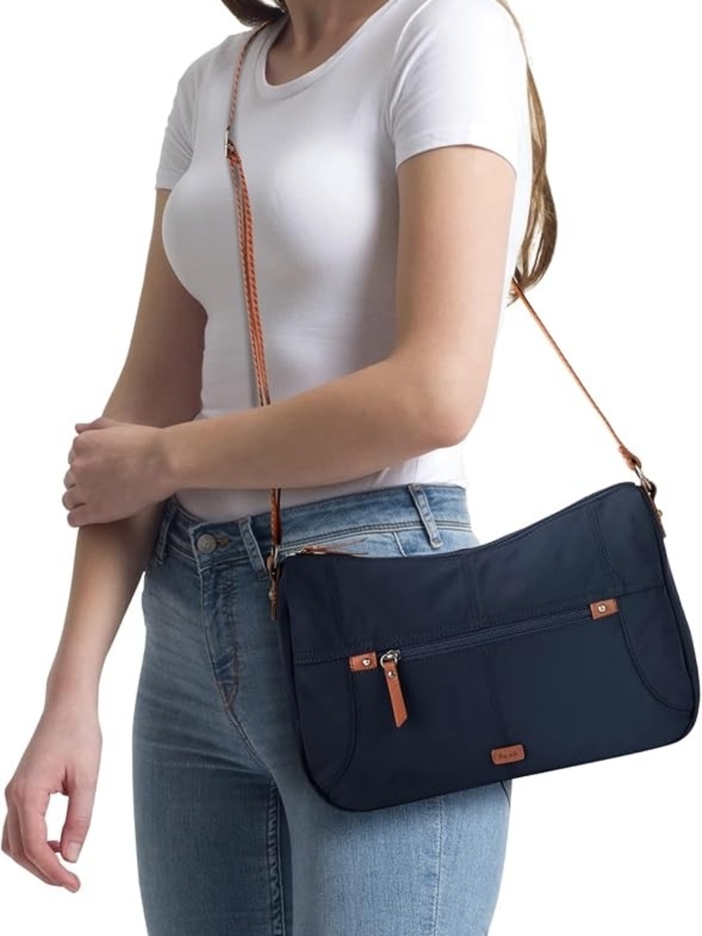 The Sak Navy Crossbody with Tan Strap